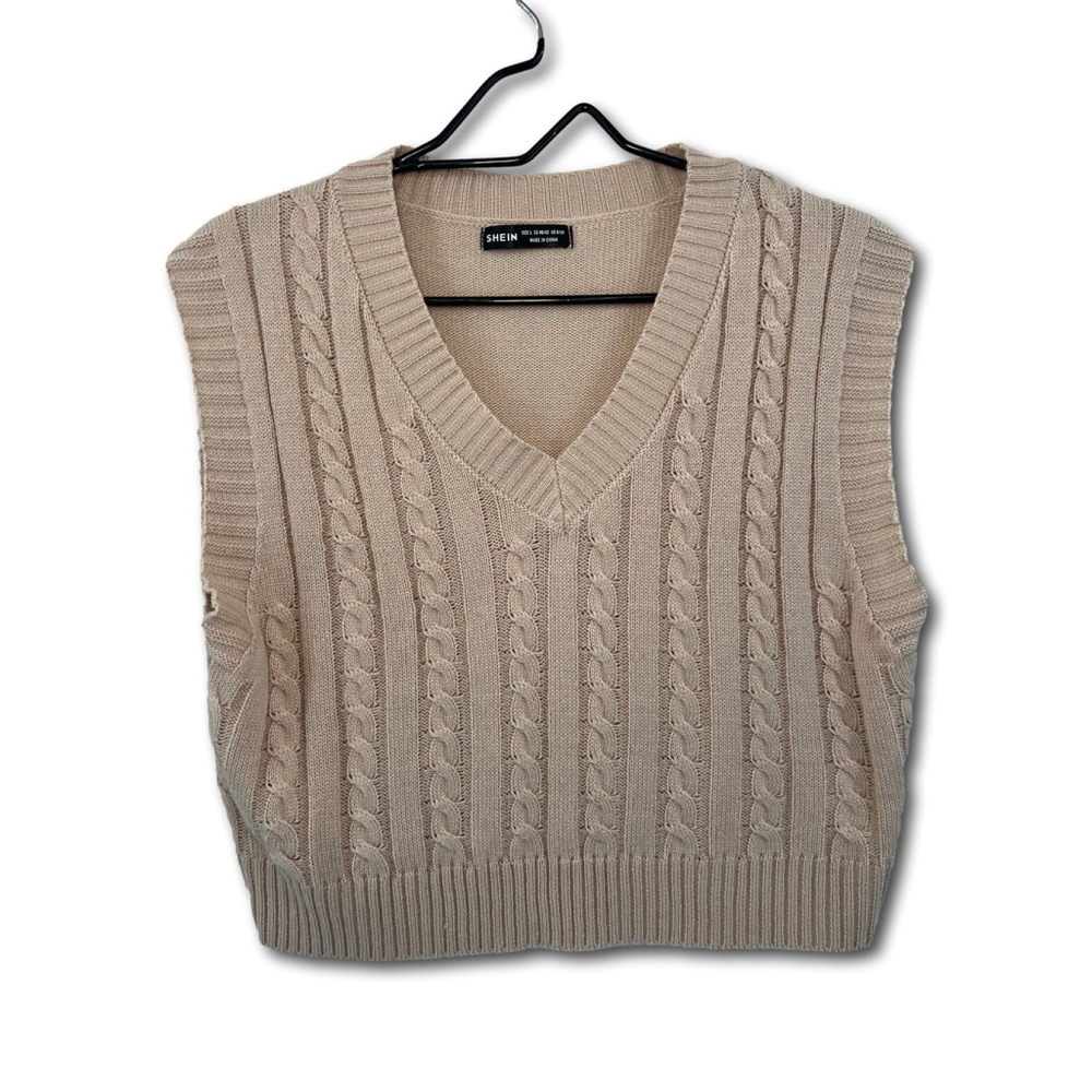 Shein Sweater Vest Beige Cable Knit V-Neck Cropped Pullover Casual Womens Large